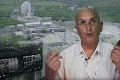 Goonhilly Earth Station installs RF over Fiber video - presenter, birds-eye view of Goonhilly and ViaLiteHD equipment
