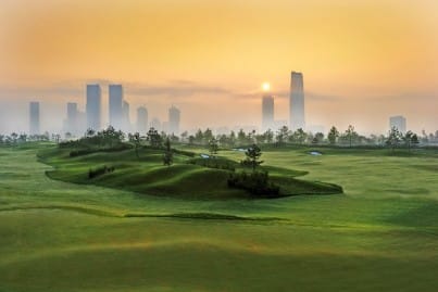 Jack Nicklaus Golf Course in Korea, view shows city backdrop