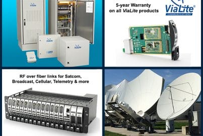 ViaLite 5-year warranty product group - shows ODE range, rack card, 3U rack chassis and also antenna dishes from a teleport
