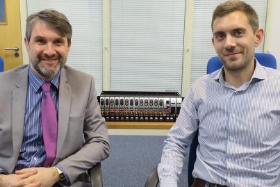 Richard Jacklin from ViaLite and Samy Nasrallah from Eurosatcom sit alongside a 3U Rack Chassis
