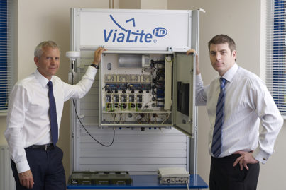 CEO Neil Seager and Managing Director Dr Martin Ryan stood by an open ViaLite Satcom6 unit